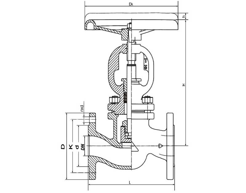 Габаритная схема вентиля запорного фланцевого ZETKAMA 215F